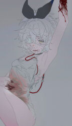 Rule 34 | 1girl, absurdres, arm up, armpits, bandaid, bandaid on face, black bow, blood, blood on arm, blood on hands, bow, breasts, catheter, collar, cowboy shot, crying, crying with eyes open, eyepatch, grey background, hair bow, highres, hospital gown, li xueyao, medical eyepatch, original, parted lips, saliva, scar, short hair, simple background, sketch, small breasts, snot, solo, surgical scar, tears, white hair, yellow eyes