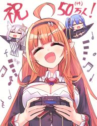 3girls ^_^ ahoge amane_kanata black_bow black_hairband black_jacket blonde_hair blouse blue_hair blunt_bangs blush bow bowtie braid breasts brooch brown_footwear celebration chain chain_necklace cleavage cleavage_cutout closed_eyes clothing_cutout collared_shirt colored_inner_hair controller copyright_name diagonal-striped_bow dragon_girl dragon_horns dualshock facing_viewer fangs fingernails game_console game_controller gamepad hair_between_eyes hair_ornament hairband halo highres hikawa_shou holding holding_controller holding_game_controller hololive horn_bow horn_ornament horns hoshimachi_suisei jacket jewelry kiryu_coco kiryu_coco_(1st_costume) large_breasts long_hair multicolored_bow multicolored_hair multiple_girls musical_note necklace on_horn open_mouth orange_hair playing_games playstation_4 playstation_controller pointy_ears shirt side_braid side_ponytail silver_hair simple_background single_braid smile sony star_halo streaked_hair translation_request video_game virtual_youtuber white_bow white_shirt