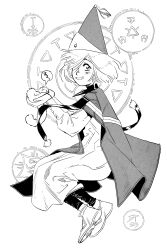 1girl absurdres black_leggings black_outline brushbuddy buttoned_cuffs buttons cloak closed_eyes coco_(tongari_boushi_no_atelier) commentary creature dana_terrace dress english_commentary facing_to_the_side fantasy from_side hair_over_one_eye hat headdress hennin highres holding leggings long_sleeves looking_at_viewer monochrome outline pointy_hat puffy_long_sleeves puffy_sleeves qifrey&#039;s_atelier_apprentice_uniform shoes short_hair sigil sleeping smile teeth tongari_boushi_no_atelier white_background wizard_hat