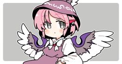 1girl animal_ear_piercing animal_ears bird_ears bird_wings blush border bow bowtie brown_dress brown_hat closed_mouth collared_shirt commentary_request dress earrings grey_background grey_eyes hat ini_(inunabe00) jewelry long_sleeves looking_at_viewer mystia_lorelei outline outside_border pink_hair shirt short_hair simple_background single_earring sleeve_garter solo touhou upper_body white_border white_bow white_bowtie white_outline white_shirt winged_hat wings
