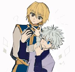 2boys blonde_hair blue_eyes blue_tabard blue_undershirt brown_eyes closed_mouth crystal_earrings earrings highres holding holding_phone hunter_x_hunter jewelry killua_zoldyck kurapika long_sleeves looking_at_object male_focus multiple_boys one_eye_closed phone s_go05 shirt short_hair simple_background spiked_hair tabard upper_body white_background white_hair white_shirt