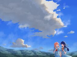 2girls :d ^_^ blue_dress blue_hair blue_ribbon blue_sky breast_pocket breasts closed_eyes cloud commentary_request day dress food freshfish hair_ribbon half_updo hasu_no_sora_school_uniform highres hinoshita_kaho holding holding_food holding_hands holding_popsicle link!_like!_love_live! long_hair love_live! medium_breasts medium_hair multiple_girls murano_sayaka neckerchief open_mouth orange_hair outdoors pleated_dress pocket popsicle puffy_short_sleeves puffy_sleeves red_neckerchief red_ribbon ribbon sailor_collar sailor_dress school_uniform short_sleeves sky smile summer_uniform virtual_youtuber white_sailor_collar wide_shot