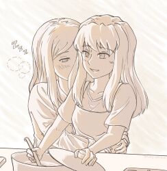 2girls apron blush chinese_commentary commentary_request cookie cooking_pot food fujino_shizuru greyscale highres holding holding_ladle hug kuga_natsuki ladle long_hair long_sleeves monochrome multiple_girls my-hime open_mouth short_sleeves smile tonidong yuri zzz