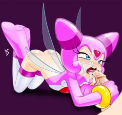 Rule 34 | 1boy, 1girl, artist name, ass, blue eyes, blush, boots, bottomless, commission, covered collarbone, crossed legs, cum, cum in mouth, cum on body, cum on tongue, erection, facial, fairy, fairy wings, feet up, fellatio, gloved handjob, gloves, half-closed eyes, handjob, helmet, hetero, legs together, licking, licking penis, long sleeves, lumina flowlight, nose blush, open mouth, oral, penis, pink boots, pink gloves, pink headwear, pink shirt, purple background, rockthebull, shirt, signature, simple background, skin tight, solo focus, sonic (series), sonic shuffle, teeth, thighhighs, tongue, tongue out, top-down bottom-up, transparent wings, veins, veiny penis, white thighhighs, wings