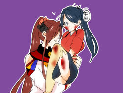 2girls bruise carrying heart houshou_(kancolle) injury kantai_collection kiss kongou_(kancolle) multiple_girls princess_carry purple_background simple_background yoichi_(umagoya) yuri