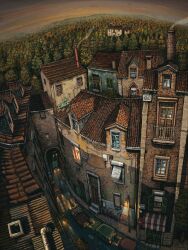 Rule 34 | arch, awning, balcony, chimney, door, drainpipe, francisco fonseca, graffiti, headlight beam, highres, motor vehicle, no humans, open window shutter, original, power lines, road sign, rooftop, sign, suburb, tree, truck, urban, vent (object), window blinds, window light, window shutter