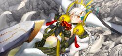 1girl aircraft airship ascot black_gloves blush braid breasts cape clothing_cutout day detached_horns e-grand_marie earrings fate/grand_order fate_(series) feet_out_of_frame fur-trimmed_cape fur_trim game_cg gloves hair_between_eyes hair_ribbon horns huge_horns jewelry large_variant_set long_hair long_horns lying navel official_art olga_marie_animusphere on_back on_ground orange_eyes outdoors red_ascot ribbon rock side_braid solo stomach_cutout storm_border striped_bodysuit takeuchi_takashi third-party_source u-olga_marie variant_set very_long_hair white_hair yellow_horns