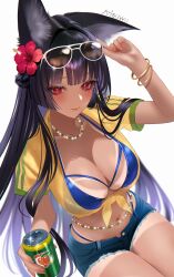 1girl 707arisu adjusting_eyewear alternate_costume animal_ear_fluff animal_ears artist_name bead_necklace beads bikini black_hair blue_bikini blunt_bangs blush bracelet brazilian_miku brazilian_miku_(cosplay) breasts can cleavage commentary cosplay cutoffs denim denim_shorts english_commentary eyewear_on_head flower fox_ears fox_girl hair_flower hair_ornament hatsune_miku highleg highleg_bikini highres holding holding_can hoshimi_miyabi jewelry large_breasts long_hair navel necklace open_clothes open_shirt red_eyes shirt short_shorts short_sleeves shorts simple_background solo stomach swimsuit tan tanline tied_shirt vocaloid white_background yellow_shirt zenless_zone_zero