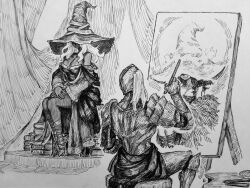 1boy 1girl absurdres armor bare_shoulders black_dress black_skin book breasts canvas_(object) chronozbergh cleavage colored_skin dress easel elden_ring elden_ring_nightreign executor_(elden_ring) from_behind gladiator_sandals greyscale hat highres holding holding_paintbrush large_breasts large_hat long_hair monochrome on_stool own_hands_clasped own_hands_together paintbrush portrait_(object) ranni_the_witch recluse_(elden_ring) sandals sitting smile stool wavy_hair white_hair wide_sleeves witch_hat
