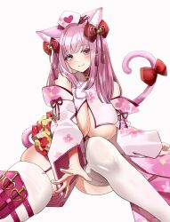 Rule 34 | 1girl, animal ear fluff, animal ears, bare shoulders, bell, blush, bow, breast curtains, breasts, cat ears, cat girl, cat tail, cleavage, detached sleeves, floral print, floral print kimono, hair bell, hair ornament, hair ribbon, hat, highres, huge breasts, indie virtual youtuber, japanese clothes, jingle bell, kanzashi, kimono, knee up, kouya no naga samurai, leonis g, long hair, miniskirt, mole, mole on breast, neck bell, nurse cap, obi, outstretched arms, pink eyes, pink garter straps, pink hair, pink kimono, pink tail, print kimono, red ribbon, revealing clothes, ribbon, sagging breasts, sash, sitting, skindentation, skirt, smile, solo, tail, tail bow, tail ornament, tail ribbon, tenshouin himeno, tenshouin himeno (1st costume), thighhighs, thighs, underboob, virtual youtuber, white background