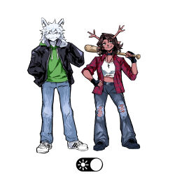 1boy 1girl antlers asriel_dreemurr baseball_bat december_holiday deer_antlers deltarune denim fingerless_gloves gloves headphones headphones_around_neck heartbreak_juan jeans pants red_shirt shirt standing torn_clothes torn_jeans torn_pants
