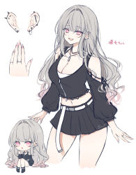 Rule 34 | 1girl, absurdres, belt, black boots, black skirt, boots, breasts, chibi, cleavage, earrings, fingernails, grey hair, highres, jewelry, large breasts, long hair, looking at viewer, miniskirt, nail polish, navel, necklace, open mouth, original, piercing, pink eyes, pink nails, ring, sana (sanamaru 0w0), sharp fingernails, skirt, spiked ear piercing, white background, white belt
