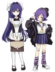 2girls :o aida_(aidacamelia0516) alternate_costume apron asymmetrical_legwear backpack bag beanie black_bag black_dress black_gloves black_hairband black_hat black_jacket black_shoes blunt_bangs bow bow_hairband breasts brown_bag choker closed_mouth collarbone commentary converse doll_(murder_drones) dot_mouth dot_nose dress fingerless_gloves frilled_apron frills full_body gloves hair_intakes hairband hand_in_pocket hand_up hat highres holding holding_bag holding_suitcase hood hood_down hooded_jacket humanization jacket legs_apart long_hair long_sleeves loose_socks maid maid_apron mary_janes miniskirt multiple_girls murder_drones neckerchief open_clothes open_jacket open_mouth pantyhose pointy_ears pom_pom_(clothes) purple_eyes purple_hair purple_sailor_collar purple_skirt purple_socks red_eyes sailor_collar school_uniform shirt shoes short_dress short_hair simple_background skinny skirt slit_pupils small_breasts socks standing straight_hair striped_clothes striped_socks suitcase turning_head uneven_legwear uzi_(murder_drones) v_arms very_long_hair white_apron white_background white_bow white_pantyhose white_shirt white_sleeve_cuffs yellow_neckerchief