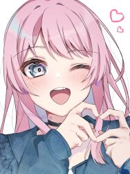 bang_dream! bang_dream!_it&#039;s_mygo!!!!! blush chihaya_anon fang grey_eyes heart heart_hands kuronasubi04 long_hair mygo!!!!!_(bang_dream!) one_eye_closed open_mouth pink_hair simple_background white_background
