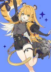 1girl absurdres animal_ear_fluff animal_ears awe_(adorableduckyy) black_gloves blue_background brown_shirt elbow_gloves fingerless_gloves gloves green_eyes high-waist_shorts highres jacket ju_fufu long_hair looking_at_viewer open_clothes open_jacket open_mouth orange_fur shirt shorts smile striped_fur tail tail_ornament thigh_strap tiger_ears tiger_girl tiger_stripes tiger_tail yellow_jacket zenless_zone_zero