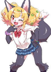 1girl akuma_gaoru animal_ear_fluff animal_ear_piercing animal_ears animal_nose blonde_hair blue_skirt body_fur bow bowtie collared_shirt commentary_request fangs furry furry_female futaba_channel gradient_hair grey_fur gyaru hair_ornament hairclip hand_on_own_hip heart heart_hair_ornament long_hair looking_at_viewer multicolored_hair one_eye_closed open_mouth pink_hair plaid_clothes plaid_skirt pleated_skirt purple_scrunchie red_bow red_bowtie red_eyes scrunchie senzoc shirt sidelocks skirt smile solo star_(symbol) star_hair_ornament striped_bow striped_bowtie striped_clothes tail two-tone_fur two-tone_hair white_background white_fur white_shirt wrist_scrunchie