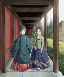 Rule 34 | aoqun, architecture, blue skirt, chinese clothes, east asian architecture, green hair, hair bun, hair ornament, hair stick, hanbok, hanfu, highres, korea, korea (kuroussa), korean clothes, kuroussa, long skirt, long sleeves, mamianqun, ming dynasty, ming dynasty (kuroussa), original, personification, pleated skirt, purple eyes, purple hair, red skirt, skirt, walking, yellow eyes