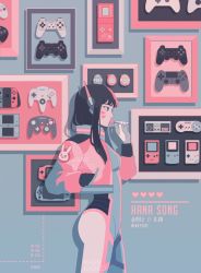 1girl animal_print artist_name black_hair breasts candy character_name controller cropped_jacket d.va_(overwatch) dualshock facial_mark flat_color food game_boy game_boy_(original) game_boy_advance game_boy_color game_boy_pocket game_console game_controller gamecube_controller gamepad gloves hand_in_pocket handheld_game_console headphones kamille_areopagita limited_palette lollipop long_hair nintendo nintendo_ds nintendo_switch overwatch overwatch_1 pastel_colors pilot_suit playstation_2 playstation_3 playstation_4 playstation_controller playstation_portable rabbit_print sega_mega_drive sega_saturn small_breasts solo sony super_nintendo tamagotchi tamagotchi_(virtual_pet) tamagotchi_plus virtual_pet_(toy) whisker_markings wireless xbox_360 xbox_one