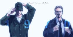 Rule 34 | 2boys, arms up, avengers: endgame, avengers (series), baseball cap, black jacket, black necktie, brown eyes, brown hair, buttons, closed mouth, collared jacket, collared shirt, facial hair, formal clothes, green headwear, green jacket, hands up, hat, jacket, long sleeves, looking at viewer, male focus, marvel, marvel cinematic universe, military uniform, multiple boys, necktie, noknmni, open clothes, open jacket, pocket, shirt, short hair, simple background, standing, steve rogers, suit, t-shirt, tony stark, v-shaped eyebrows, white background, white shirt