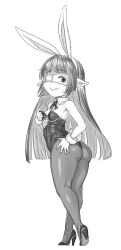 1girl animal_ears ass bare_shoulders breasts embarrassed eyepatch fake_animal_ears full_body granblue_fantasy greyscale harvin highres leotard long_hair looking_at_viewer looking_back lunalu_(granblue_fantasy) monochrome pantyhose playboy_bunny pointy_ears rabbit_ears small_breasts solo sweatdrop transparent_background wavy_mouth yggsil