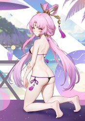 1girl absurdres ass back bikini black_bikini blush bow-shaped_hair butt_crack closed_mouth commentary_request constellation day earrings feixianji_(hairstyle) forehead_jewel from_side fu_xuan_(honkai:_star_rail) hair_ornament highres honkai:_star_rail honkai_(series) jewelry kneeling large_variant_set long_hair looking_at_viewer looking_to_the_side micro_bikini mountainous_horizon outdoors pink_hair soles solo swimsuit tassel tassel_hair_ornament toes tropical_drink variant_set very_long_hair yellow_eyes yunkaiming