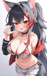 1girl :d absurdres animal_collar animal_ear_fluff animal_ears arm_behind_back bikini black_collar black_hair black_jacket breasts cleavage collar commentary crossed_bangs dark_skin double-parted_bangs front-tie_bikini_top front-tie_top gradient_background groin hair_between_eyes hair_ornament hairclip halterneck hand_up highres hololive hood hooded_jacket jacket large_breasts leaf_print long_hair looking_at_viewer mi_ke0224 multicolored_hair navel off_shoulder official_alternate_costume ookami_mio ookami_mio_(hololive_summer_2019) open_fly open_mouth print_bikini red_hair red_jacket short_shorts shorts side-tie_bikini_bottom sidelocks simple_background smile solo spiked_hair stomach streaked_hair swimsuit symbol-only_commentary tail two-sided_fabric two-sided_jacket very_long_hair virtual_youtuber wet white_background white_bikini white_shorts wolf_ears wolf_girl wolf_tail yellow_eyes