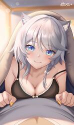 1boy 1girl absurdres animal_ear_fluff animal_ears bare_shoulders black_camisole blue_eyes breasts camisole cat_ears cat_girl cipher_(honkai:_star_rail) cleavage commentary english_commentary girl_on_top grey_hair grey_shirt hetero highres honkai:_star_rail honkai_(series) ken-pai_(kenpai_arts) large_breasts looking_at_viewer on_bed pov shirt short_hair_with_long_locks smile under_covers yellow_nails