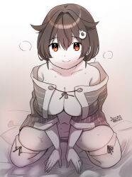 1girl artist_name breasts brown_eyes cleavage dated greyscale hair_flaps hair_ribbon highres jingei_(kancolle) kantai_collection kirisawa_juuzou kneeling large_breasts long_hair low_ponytail monochrome naked_shawl ponytail ribbon solo spot_color thighhighs