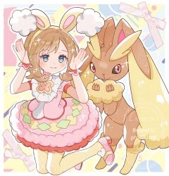 1girl animal_ears blue_eyes brown_hair closed_mouth dress fake_animal_ears full_body gen_4_pokemon heart heart-shaped_pupils jasmine--tea looking_at_viewer lopunny may_(pokemon) may_(spring_2021)_(pokemon) nintendo official_alternate_costume pantyhose pink_dress pokemon pokemon_(creature) pokemon_masters_ex rabbit_ears rabbit_pose short_hair short_sleeves smile symbol-shaped_pupils yellow_pantyhose