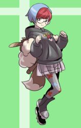 1girl backpack bag boots bright_pupils brown_bag clenched_hands closed_mouth commentary_request creatures_(company) full_body game_freak glasses green_background grey_eyes happy hood hood_down hoodie multicolored_hair nintendo pantyhose penny_(pokemon) poke_ball_print pokemon pokemon_sv round_eyewear see-through_clothes see-through_skirt short_hair shorts shorts_under_skirt skirt smile solo two-tone_hair white_pupils yawakon