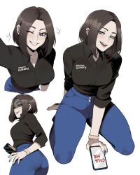 1girl absurdres black_hair blue_eyes cellphone fangs highres pants phone samsung samsung_galaxy samsung_sam slit_pupils smartphone thick_thighs thighs