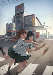 10s 3girls black_footwear black_hair black_socks blouse blunt_bangs brown_eyes brown_hair building city crosswalk day food gas_station glomp green_skirt hair_ribbon hjl horizon hug ice_cream ice_cream_cone kantai_collection kitakami_(kancolle) kneehighs loafers long_hair multiple_girls neckerchief ocean ooi_(kancolle) open_mouth outdoors outstretched_arms pleated_skirt power_lines radio_antenna ribbon rising_sun_flag road school_uniform serafuku shirt shoes sidelocks sign skirt sky smile socks street summer sunburst tress_ribbon twintails vending_machine white_shirt