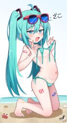 1girl absurdres ahoge aqua_eyes aqua_hair bandaid bandaid_on_arm bandaid_on_foot beach bikini blush boppin cameltoe crab feet female_focus flat_chest hair_ornament hatsune_miku highres kneeling legs loli long_hair long_twintails looking_at_viewer meme micro_bikini navel nipples ocean sky smug solo stomach striped_bikini striped_clothes sunglasses sunglasses_on_head swimsuit tattoo thighs toes twintails untied_bikini untied_bikini_top uohhhhhhhhh!_(meme) vocaloid