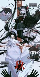 2girls absurdly_long_hair absurdres albino_(a1b1n0623) bare_shoulders black_camisole black_eyes black_hair black_jacket black_pantyhose blunt_bangs bonnet breasts camisole capelet character_doll dress fate/grand_order fate_(series) flower ghost_hands grey_hair grey_shorts hat highres jacket jewelry komahime_(exhibition_attire)_(fate) komahime_(fate) long_hair long_sleeves looking_at_viewer mouth_hold multiple_girls necklace off_shoulder pantyhose rice_hat sen_no_rikyu_(exhibition_attire)_(fate) sen_no_rikyu_(fate) short_hair shorts small_breasts smile twintails very_long_hair white_capelet white_dress white_hat