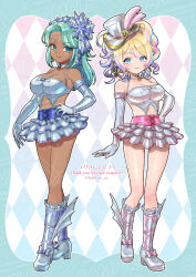 2girls aqua_border aqua_eyes aqua_hair argyle_background block_heels blonde_hair blue_hair blue_trim blush_stickers border bow bustier choker commentary_request commission crescent crescent_choker crescent_earrings curly_hair dark-skinned_female dark_skin dragon_quest dragon_quest_x earrings footwear_bow gloves grey_gloves grey_shirt hair_ornament hairband hand_on_own_hip hat hat_feather heroine_(dq10) high_ponytail highres jewelry long_hair midriff mini_hat mini_top_hat miniskirt momo_nei multicolored_hair multiple_girls parted_bangs pink_bow pink_hair pink_trim ponytail purple_bow sample_watermark shiny_clothes shirt skeb_commission skirt snowflake_hair_ornament star_(symbol) star_choker top_hat twitter_username watermark white_hairband