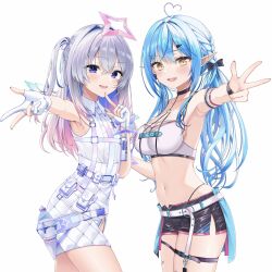 Rule 34 | 2girls, absurdres, ahoge, amane kanata, amane kanata (heavenly guard mission), angel, angel wings, armpits, blue hair, braid, choker, colored inner hair, elf, gloves, grey hair, hair ribbon, halo, heart, heart ahoge, highres, hololive, midriff, mt mozuku, multicolored hair, multiple girls, navel, official alternate costume, one side up, open mouth, partially fingerless gloves, pink hair, pointy ears, purple eyes, ribbon, short shorts, shorts, simple background, smile, star halo, virtual youtuber, w, white background, wings, yellow eyes, yukihana lamy, yukihana lamy (cyber)
