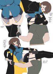 Rule 34 | absurdres, alice gunlock, black thighhighs, blue jacket, brown hair, closed eyes, fav faris, gun, highres, jacket, midriff, midriff peek, mixed-sex combat, original, scissorhold, short hair, shorts, thighhighs, thighs, weapon