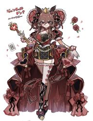 absurdres alice&#039;s_adventures_in_wonderland animal_ears blush breasts brown_hair crown flower full_body gentildonna_(umamusume) hair_between_eyes hair_ornament hair_rings highres holding holding_scepter horse_girl horse_tail kumo_(mokumoku_warabi) looking_at_viewer open_mouth queen_of_hearts_(alice_in_wonderland) red_eyes scepter tail thighhighs umamusume white_background