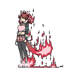 1girl ahoge animal_ears arms_at_sides belt black_pants breasts brown_hair clenched_hands closed_mouth crop_top dantsu_flame_(umamusume) fiery_hair fire flat_color full_body hairband highres horse_ears horse_girl horse_tail kashinoki_(koaaski) looking_at_viewer midriff navel pants pink_shoes pun shoes short_hair shrug_(clothing) signature simple_background small_breasts sneakers solo standing tail umamusume white_background white_shoes |_|