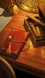 book box cigar commentary fate/grand_order fate_(series) in_box in_container indoors lasengle no_humans official_art open_box orange_theme paper still_life table tassel third-party_source