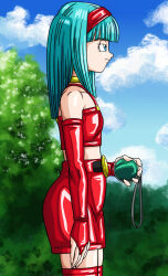 Rule 34 | 1girl, belt, blue eyes, blue hair, bra, bra (dragon ball), choker, crop top, detached sleeves, dragon ball, dragon ball gt, hairband, long hair, skirt, thighhighs, underwear, unku00f4shin
