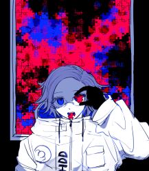 Rule 34 | 1boy, aotsuki eito, black gloves, blue eyes, breast pocket, covering one eye, drawstring, glasses, gloves, grey hair, hand up, holding, holding puzzle piece, jacket, jigsaw puzzle, looking at viewer, male focus, moicoinu, picture frame, pocket, puzzle, puzzle piece, short hair, solo, the hundred line -last defense academy-, white jacket, zipper