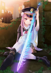 &gt;:) 1girl absurdres ascot black_boots black_cape blue_hair blunt_ends blush boots brown_skirt bun_cover c: cape closed_mouth collared_shirt commentary convenient_censoring double_bun eyelashes full_body glowing glowing_sword glowing_weapon hair_between_eyes hair_bun hair_ribbon hand_up hat heaven_burns_red highres holding holding_sword holding_weapon knee_up kunimi_tama long_hair long_sleeves looking_at_object military_hat miniskirt mu-chu outdoors peaked_cap pink_eyes pink_hair plaid_clothes plaid_skirt pleated_skirt red_ascot ribbon shirt short_sleeves sidelocks sitting skirt smile smug split_mouth straight_hair sword thighhighs v-shaped_eyebrows very_long_hair weapon white_ribbon white_shirt white_thighhighs wide_sleeves zettai_ryouiki