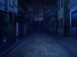 artist_request building cloud dark game_cg house magia_record:_mahou_shoujo_madoka_magica_gaiden mahou_shoujo_madoka_magica night night_sky no_humans official_art outdoors plant potted_plant road scenery sky skyscraper street tree