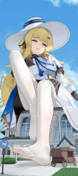 1girl absurdres black_gloves blonde_hair blue_eyes blue_sky blunt_bangs blush breasts carriage feet from_below giant giantess gloves hair_ornament hair_ribbon hairclip hat highres long_hair long_sleeves medium_breasts mousedic07 neck_tassel pantyhose phoebe_(wuthering_waves) ribbon sitting skirt sky soles solo sun_hat tassel toes very_long_hair white_pantyhose wuthering_waves