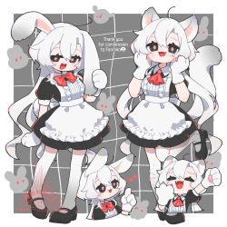 1girl ahoge animal_ear_request animal_ears apron ascot black_dress black_eyes black_footwear border bow bowtie closed_eyes commentary commission cropped_torso dress english_text fangs frilled_apron frills full_body grey_background hair_between_eyes highres long_hair looking_at_viewer mary_janes multiple_views musical_note nokon_00 open_mouth orange_pupils original outside_border puffy_short_sleeves puffy_sleeves rabbit_ears rabbit_paws rabbit_tail red_ascot red_bow shoes short_sleeves skeb_commission smile standing tail tail_request teeth upper_teeth_only watermark white_apron white_border white_hair yawning