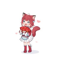Rule 34 | 1girl, :d, ahoge, akami karubi, amashiro natsuki, animal ears, blush stickers, boots, bow, box, chibi, commentary, fangs, frilled boots, frilled skirt, frills, full body, grey eyes, hair bow, heart, highres, hugging object, indie virtual youtuber, long sleeves, multicolored hair, open mouth, pleated skirt, puffy long sleeves, puffy sleeves, red boots, red bow, red hair, red sleeves, shadow, simple background, skirt, sleeves past wrists, smile, solo, standing, streaked hair, tail, virtual youtuber, white background, white bow, white skirt