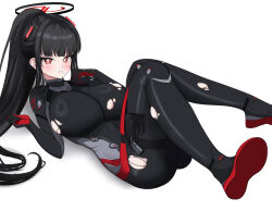 1girl absurdres ass black_bodysuit black_hair blue_archive blush bodysuit breasts ddunddang_(tenswo) gun halo handgun highres holstered large_breasts long_hair looking_at_viewer parted_lips ponytail red_eyes ringed_eyes rio_(blue_archive) rio_(bodysuit)_(blue_archive) simple_background solo sweat torn_bodysuit torn_clothes weapon white_background