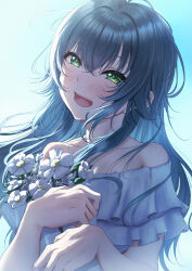 1girl absurdres blush commentary_request dress flower gakuen_idolmaster green_eyes green_hair hair_flaps highres idolmaster layered_dress long_hair looking_at_viewer misanga_(hxjd5354) off-shoulder_dress off_shoulder smile solo teeth tsukimura_temari upper_body upper_teeth_only very_long_hair white_dress white_flower