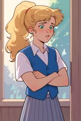 1girl anne_hopkins blonde_hair crossed_arms dress green_eyes onegai!_samia_don ponytail school_uniform vest worried
